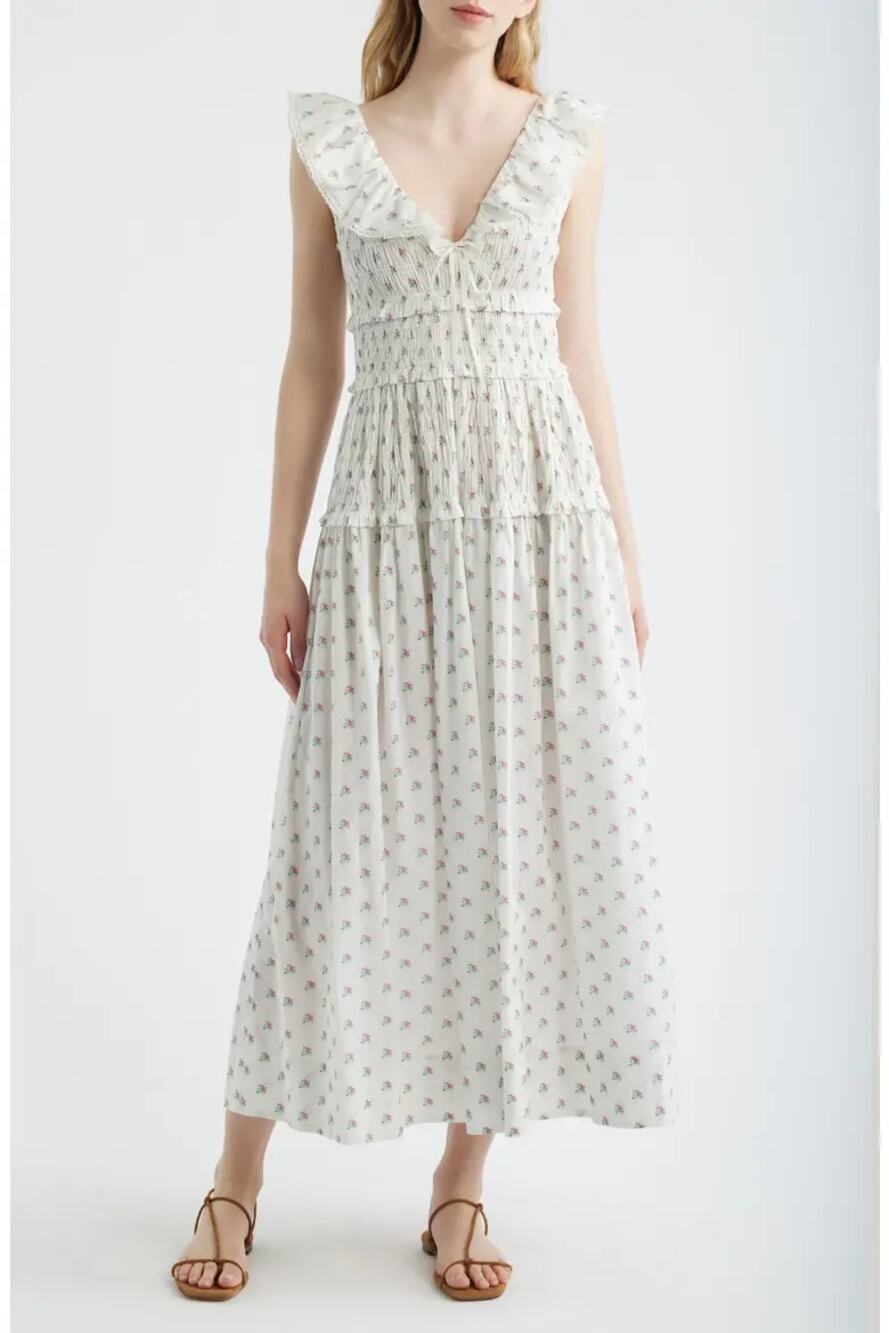 NEW DOEN Sorina A Line Midi Dress Women's White Floral V Neck Ruffle Size XXS